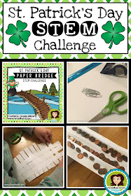 St. Patrick's Day STEM Challenge asks the students to create a paper bridge that will hold 100 pennies for 30 seconds to help the leprechaun transfer his gold coins to the bank.  Available versions for Grades 3-5 and Grades 5-8.