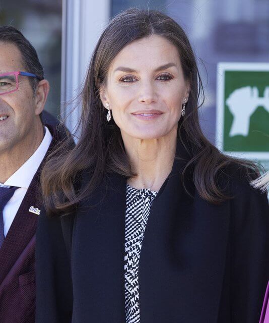 Queen Letizia wore a printed tweed dress by Pedro del Hierro, and a black wool coat by Carolina Herrera