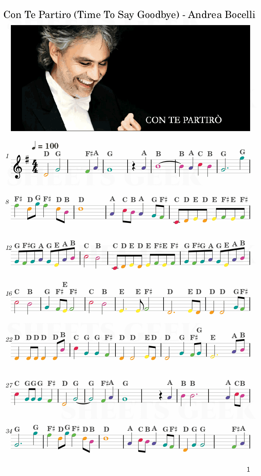 Con Te Partiro (Time To Say Goodbye) - Andrea Bocelli Easy Sheet Music Free for piano, keyboard, flute, violin, sax, cello page 1