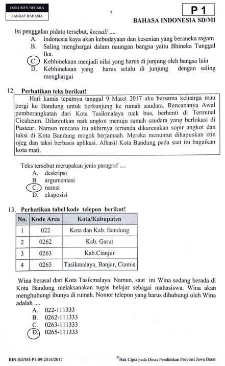 Latihan Soal dan Jawaban USBN Bahasa Indonesia SD 2019 