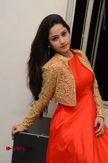 Telugu Actress Divya Nandini Stills in Orange Sleeveless Gown at Chennai Chaitrama Movie le Launch Event  0091.JPG