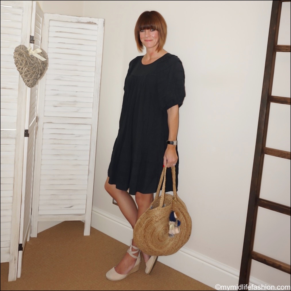 my midlife fashion, Isabel Marant Etoile linen dress, vioniv espadrille wedge sandals, Ashiana Santorini round beach bag