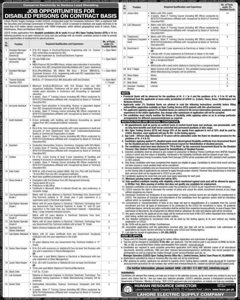 Lahore Electric Supply Company LESCO Jobs 2023 - Latest Advertisement