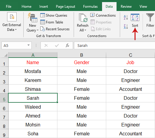 ترتيب البيانات في Excel