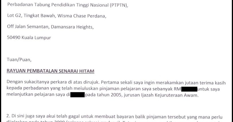 Surat Rayuan Penarikan Senarai Hitam PTPTN  Life 101