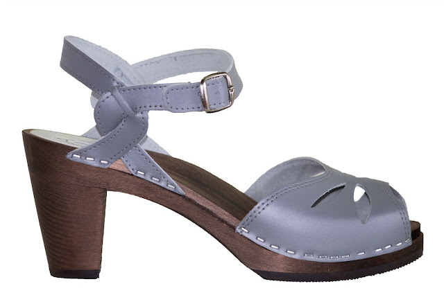 Swedish Hasbeen style clogs, wooden heels, slate blue leather, Maguba Heel, Barcelona Grey