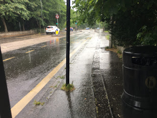 Rain falling down onto the pavement.