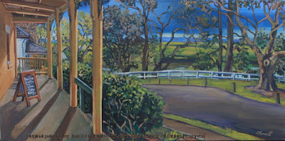 plein air oil painting of colonial heritage architecture,'Howe House' (formerly the Hawkesbury Museum) in Thompson's Square, Windsor, painted by artist Jane Bennett