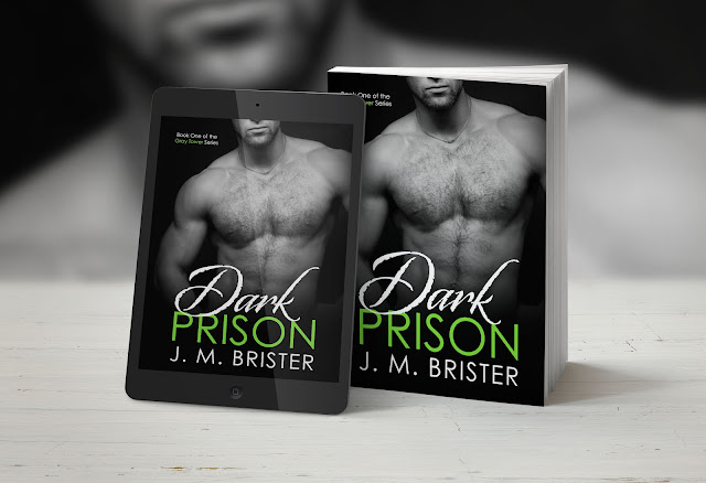 A graphic for the Dark Prison, Book One of the Gray Tower Series. It contains a side by side of the cover for e-book and paperback editions, which are of a shirtless man, his face not quite visible and the text "Dark Prison," J. M. Brister," and Book One of the Gray Tower Series on it.  The background has a larger version of the man on the cover, zoomed-in.