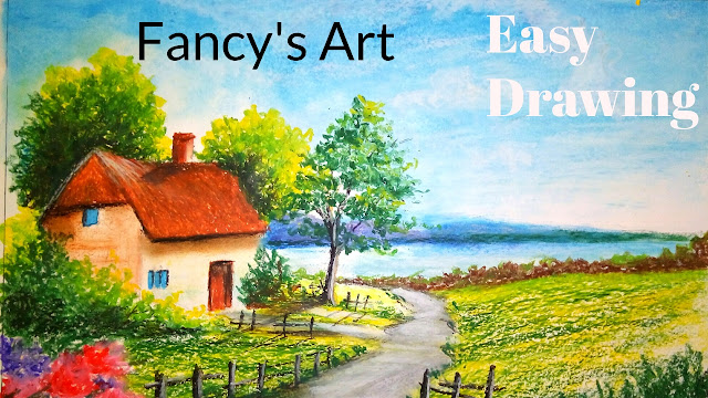 A Beautiful Scenery Drawing  With Oil Pastel -Village Scenery drawing -Easy drawing Tutorial