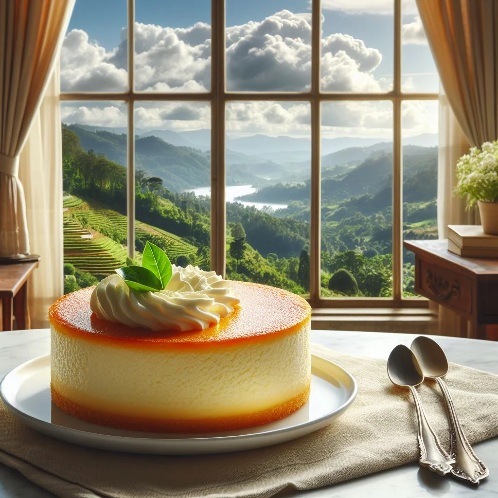 plato de cheese cake frente a una ventana con vista al campo