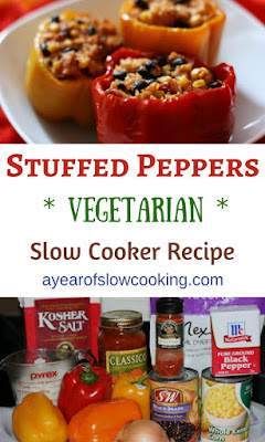  Vegetarian stuffed (can be vegan!) Bell Peppers. I like how this recipe uses pantry staples like canned beans and pasta sauce. It's so easy, and it can be done all in the crockpot. :-)