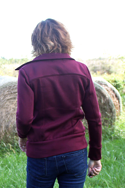 Indiesew pattern called Evergreen Jacket, a moto jacket made with a knit fabric - back view