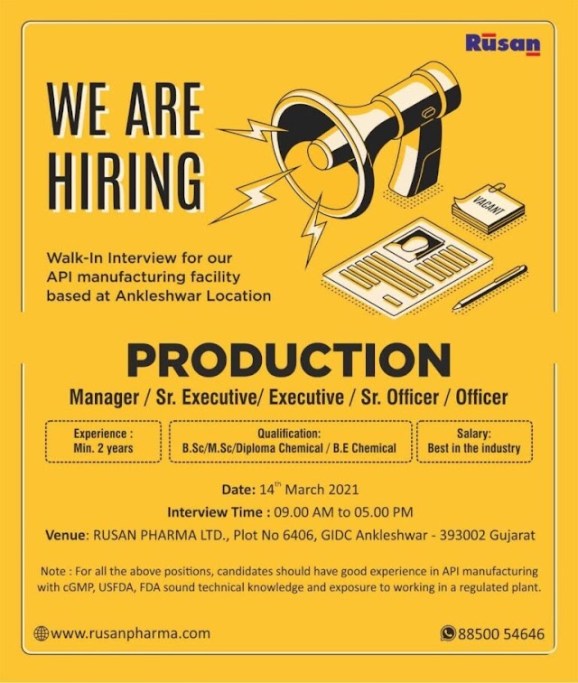 Rusan Pharma | Walk-In interview for Production on 14th Mar 2021