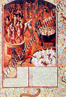 Hellfire, The torments of Hell were vividly spelt out by the Church to discourage Sin. So ghastly was the picture portrayed, that it provided artists with the perfect opportunity to let their imaginations run riot as can be seen from this late medieval German miniature.