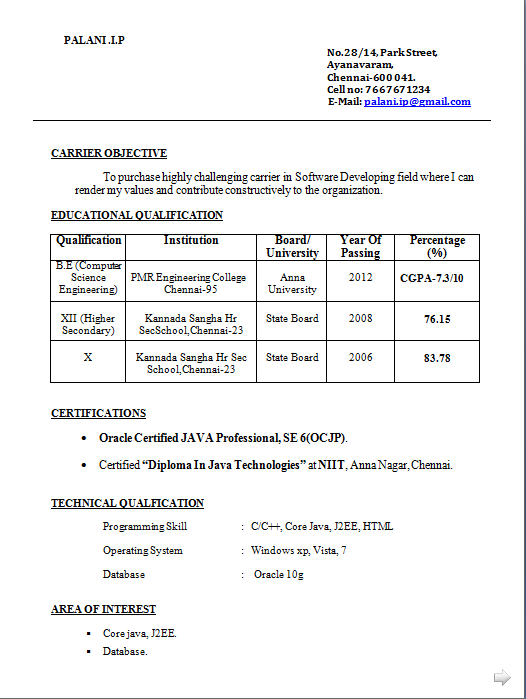 Freshers BE Resume Format Free Download