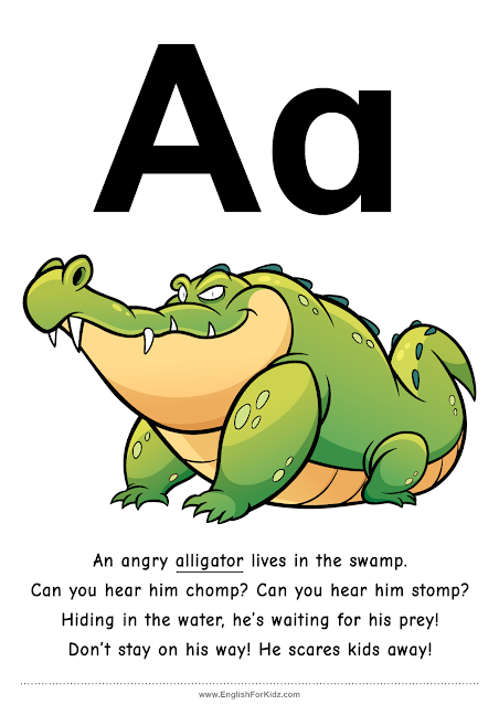 Letter A rhyme about an alligator - ABC rhymes printable poster