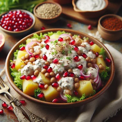 Auf dem Bild ist eine Schale gefüllt mit Kartoffelsalat und Linsen und Granatapfelkerne zu sehen. Der Salat sieht sehr lecker und appetitlich aus.