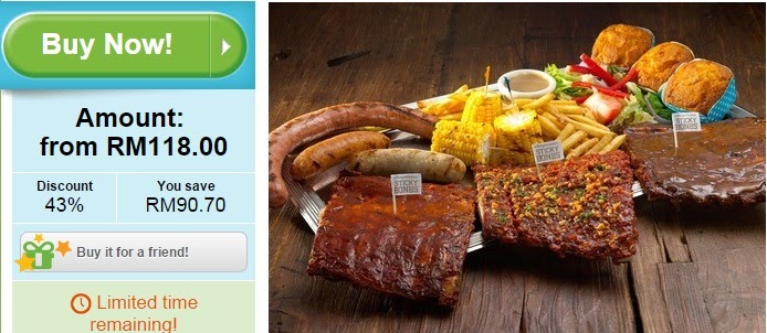 Morganfield's Ribs Sampl3r: 3x Sticky Bones Pork Ribs, Bratwurst Sausage offer, Groupon Malaysia, Penang, Discount