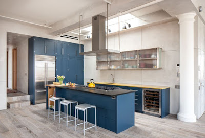 Black and yellow countertop with blue color kitchen furniture design ideas and glossy glass shelf