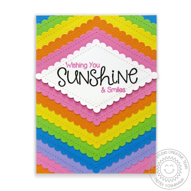 Sunny Studio Stamps: Fishtail Banners II Rainbow Scalloped Card by Mendi Yoshikawa