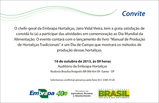 CONVITE: Comemoração ao Dia Mundial da Alimentação e lançamento do livro: Manual de Produção de Hortaliças Tradicionais