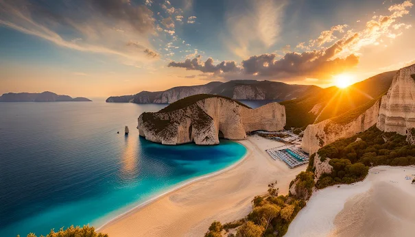 Sunset view of Navagio Beach with warm golden light illuminating the cliffs and waters.