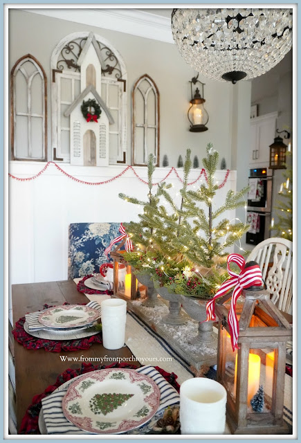 Cottage- Farmhouse- Christmas- Dining- Room-Transferware-Blue & White-DEcor-Christmas Plaid-Mini-Trees-Fairy Lights-Twinkle-Lights-Lanterns-Flameless-Candles- Tablescape-From My Front Porch To Yours