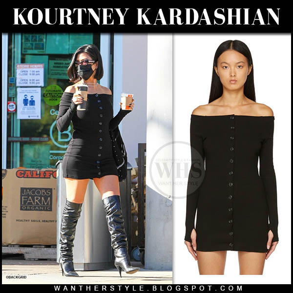 Kourtney Kardashian in black off shoulder mini dress and black tall boots