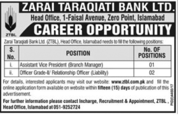 Banking-jobs-Zarai-Taraqiati-Bank-Islamabad