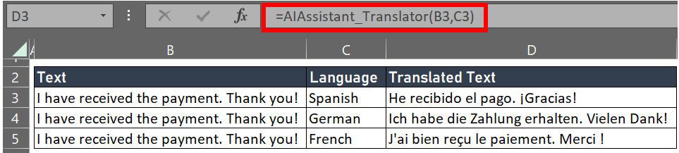 Translate text with Excel Plugin for ChatGPT