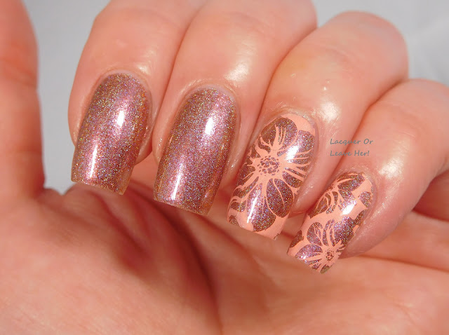 UberChic Beauty plate 15-01 over Girly Bits All Bronze No Brains, stamped with Girly Bits Coral Reef