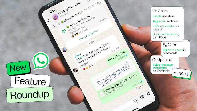 WhatsApp update 2025: new features shown on phone, online indicator, pinch-to-zoom, document scan, voice transcripts