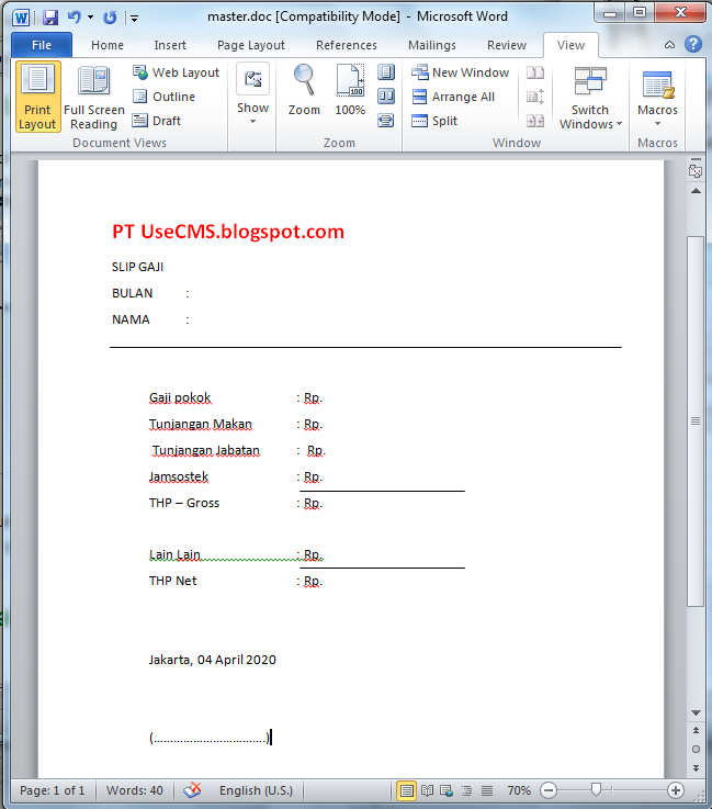 Form slip gaji karyawan  ptsakalidis.com