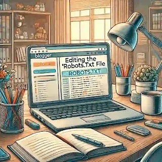 Blogger editing the robots.txt file in a cozy workspace with a laptop, coffee, and plants.