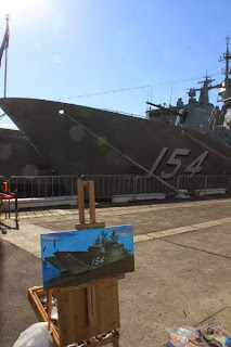 plein air oil painting of HMAS Perth and HMAS Parramatta at Barangaroo wharf during International Fleet Review by artist Jane Bennett