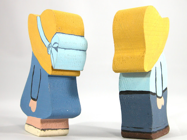 Handmade Wood Blue Farm Boy and Girl Figurines
