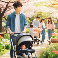 Hombre con carrito de bebe de paseo