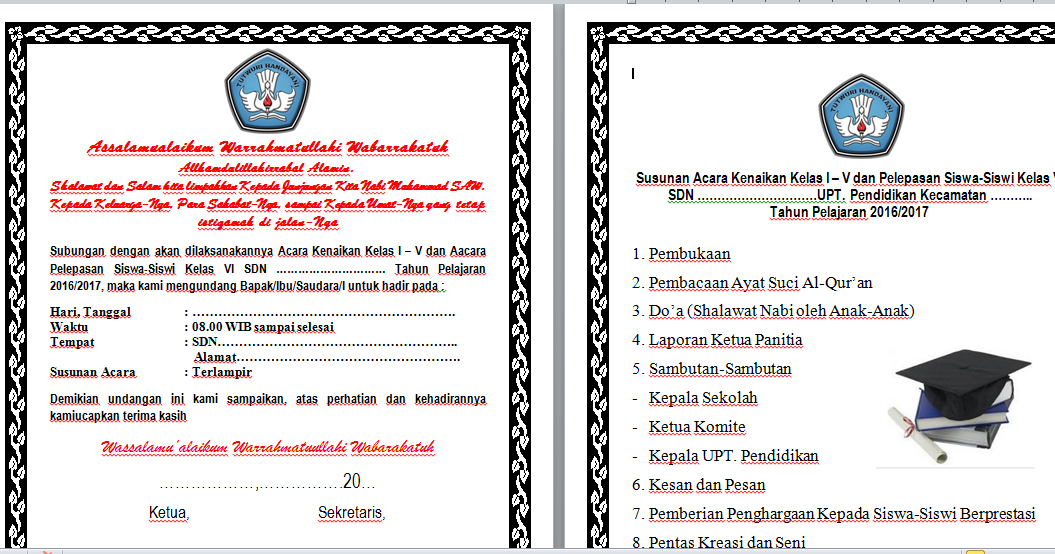 Contoh Surat Undangan dan Susunan Acara Kenaikan Kelas dan 
