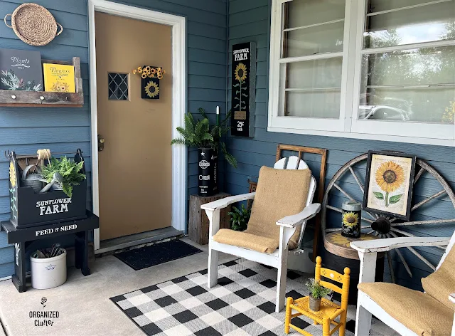 Photo of covered patio sunflower themed decor.