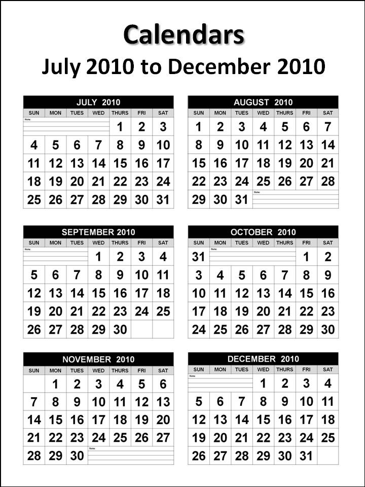 Calendars July 2010 to