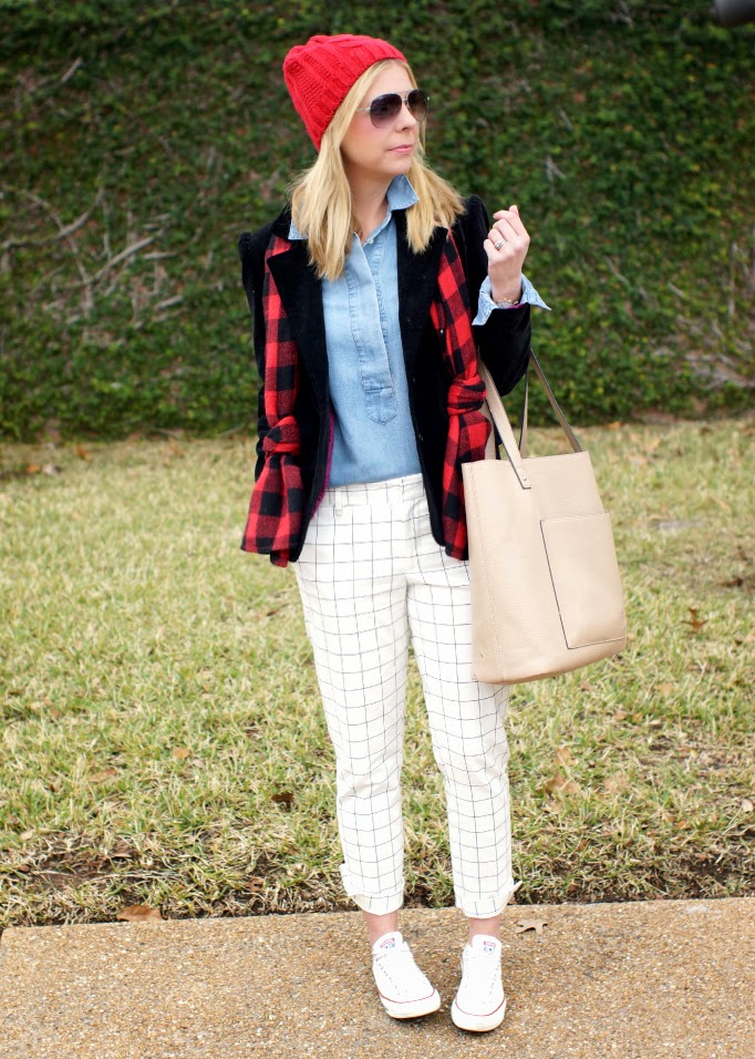 Chambray top, black velvet blazer, windowpane pants, buffalo plaid scarf