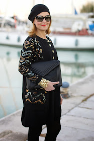 Black and golden elegant outfit, Kangra cappello, Marc by Marc Jacobs Hobbes cardigan, Fashion and Cookies, fashion blogger