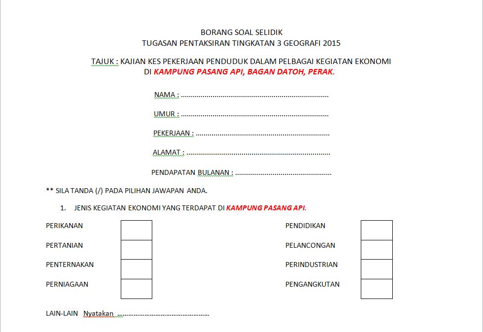 Contoh Borang Soal Selidik Geografi PT3 2015.