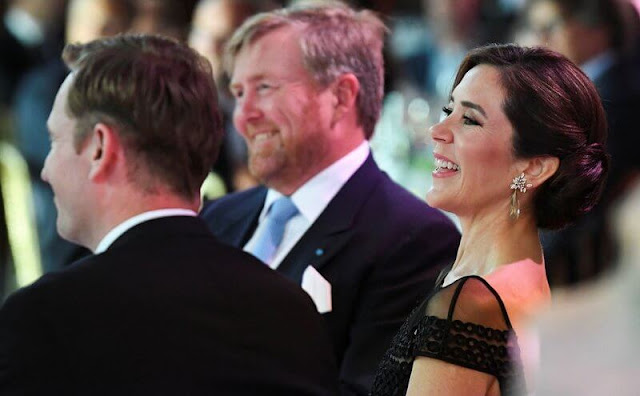 Crown Prince Frederik and Crown Princess Mary, King Willem-Alexander and Queen Maxima at a dinner. Temperley London gown