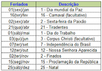 Calendário, Excel, 2013, Feriados