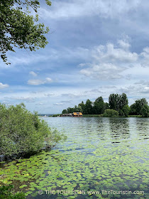 A lake with sea lilies and wooden cottages under a blue sky.