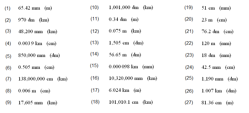 Lista de exercícios de conversão de unidade de comprimento