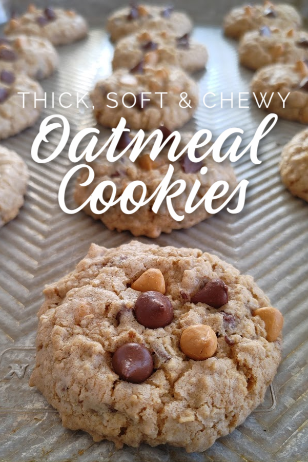 Thick, Soft & Chewy Oatmeal Cookies! A recipe for tender, thick, soft, chewy oatmeal cookies (and how to achieve those three qualities!) perfect with chocolate chips, butterscotch morsels, raisins and/or nuts – just add what you like best!