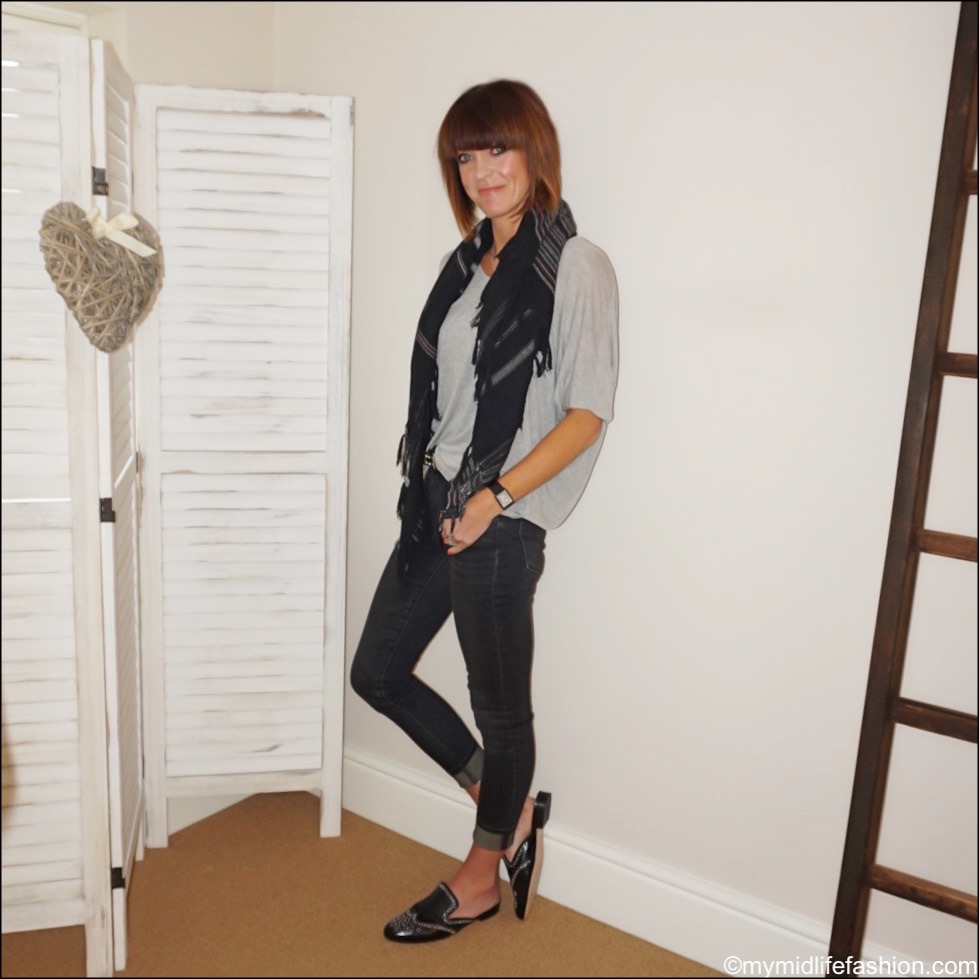 my midlife fashion, Isabel Marant Etoile stripe cotton scarf, j crew studded leather mules, j crew 9 inch toothpick skinny jeans in charcoal wash, splendid batwing t shirt